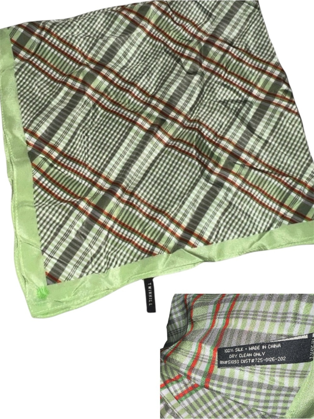 Vintage Rare Twinhill Silk Scarf Green Plaid 26”x26”